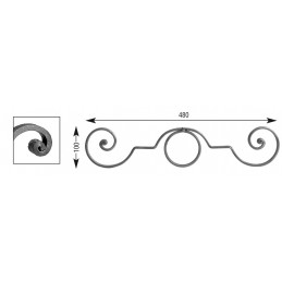 fer forgé Volute à noyaux HAUTEUR 100 mm x 480 mm LARGEUR Plat 14x6 - Ref V118L14X6
