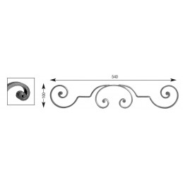 fer forgé Volute à noyaux HAUTEUR 100 mm x 540 mm LARGEUR Plat 14x6 - Ref V117L14X6