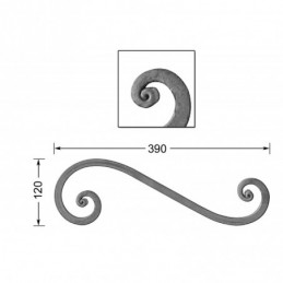 fer forgé Volute à noyaux forgés fer carré HAUTEUR 120 mm x 390 mm LARGEUR Carré 14x14 - Ref VC12-14