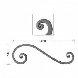 fer forgé Volute à noyaux forgés fer carré HAUTEUR 145 mm x 450 mm LARGEUR Carré 14x14 - Ref VC14-14