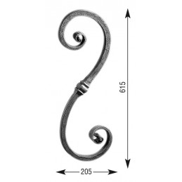 fer forgé Volute décorative HAUTEUR 615 mm x 205 mm LARGEUR Carré 22x22 - Ref VD6