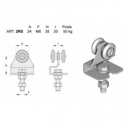 fer forgé Chariot zingué galet simple - 24 Galet diamètre 24 mm M8 - Ref 2RS