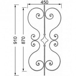 fer forgé Panneau décoratif HAUTEUR 910 mm x 450 mm LARGEUR Barreau carré 14x14 volutes plat 14x8 - Ref PAN29-14-910