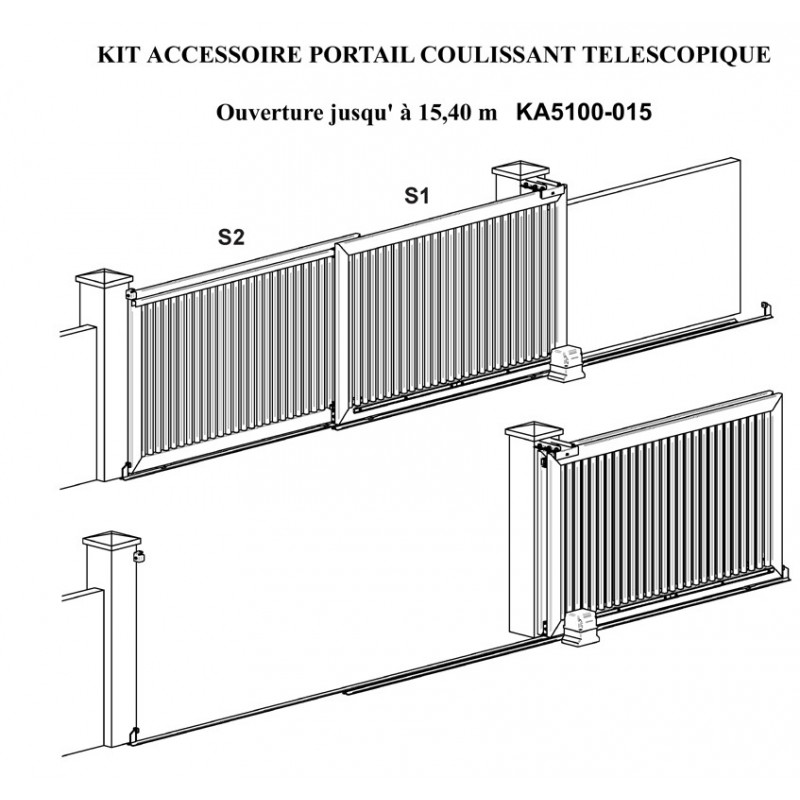 fer forgé Kit Portail coulissant télescopique ouverture jusqu'à 15,4 mètres  - Ref KA5100-015