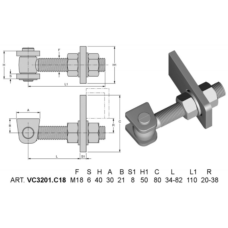 fer forgé Gond orthogonal réglable avec plaque  - Ref VC3201-C18