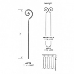 fer forgé Barreau de balcon HAUTEUR 750 mm x 110 mm LARGEUR Carré 14x14 - Ref 58-14-750