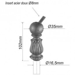 fer forgé Chapiteau incliné pour barreau 102 mm x 35 mm - Insert Diamètre 8 mm - Passage rond 16 - Ref F62-373