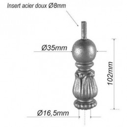 fer forgé Chapiteau pour barreau 102 mm x 35 mm - Insert Diamètre 8 mm - Passage rond 16 - Ref F62-374