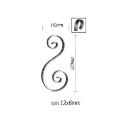 fer forgé Volute effilée HAUTEUR 220 mm x 110 mm LARGEUR Plat 12x6 - Ref. BE01022 / F53-321
