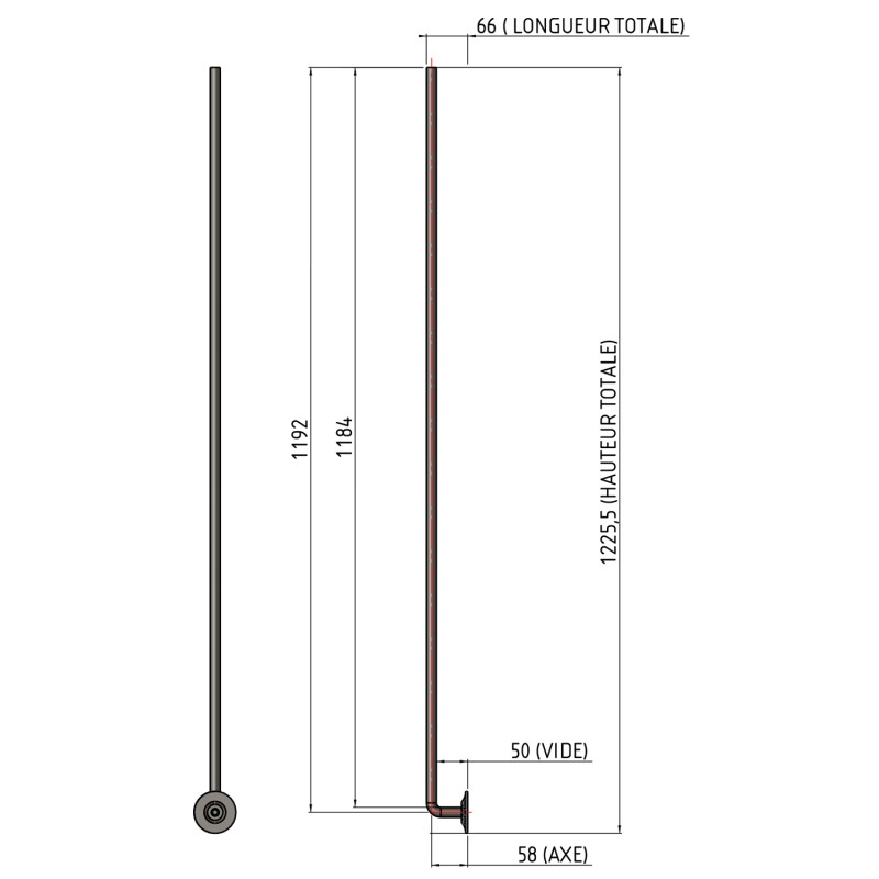 Barreau coudé forgé 1200 mm Rond 16 avec Platine P37N-12 - Ref RL16C2-P37N-12