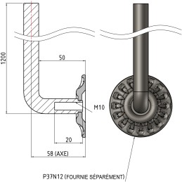 Barreau coudé forgé 1200 mm Rond 16 avec Platine P37N-12 - Ref RL16C2-P37N-12